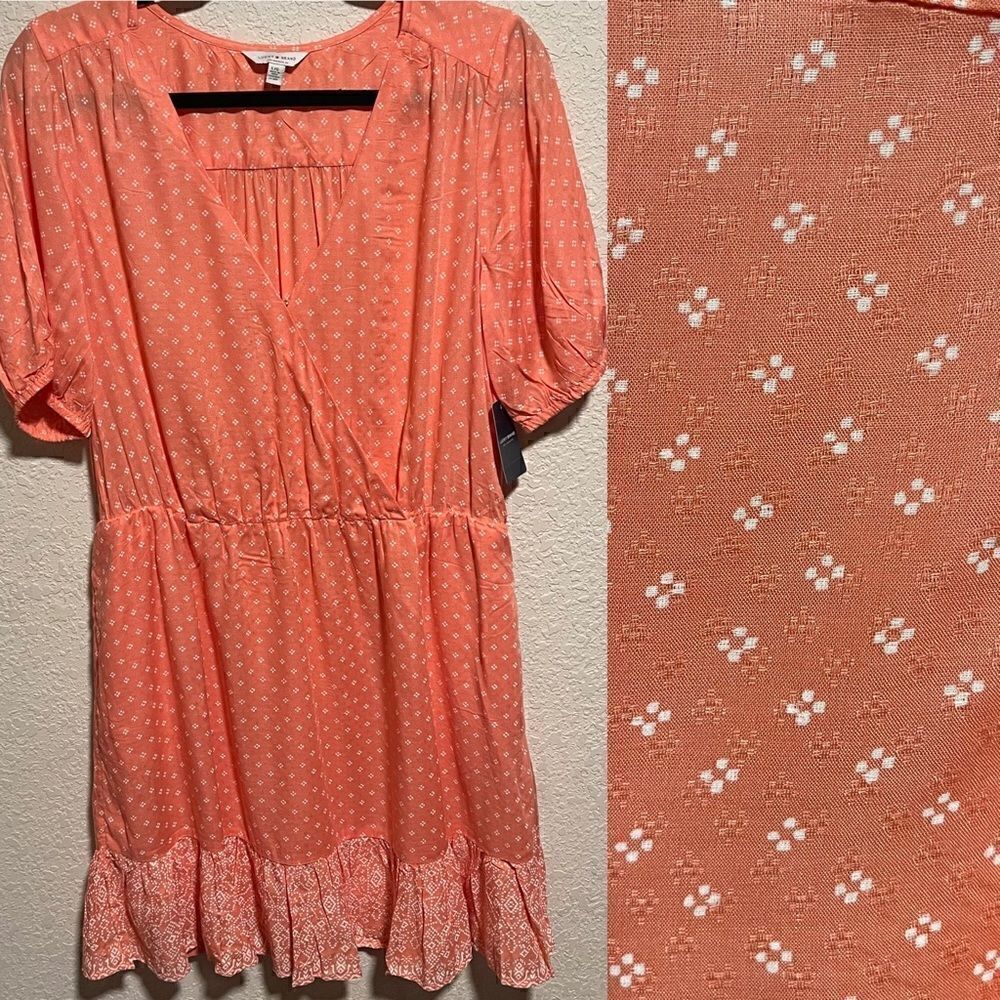 NWT- Lucky Brand- Orange and White Wrap Top Ruffle Hem Dress, Size Large